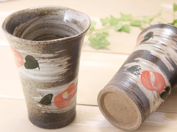 【益子焼】朱色椿のフリーカップ【サイズ大・単品１個】