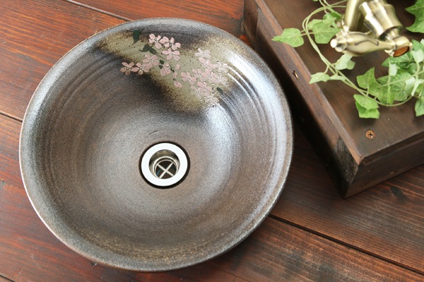 【益子焼】手洗いで癒やされる 陶器 おしゃれ 益子焼 手洗い洗面ボウル 手洗い鉢 手洗いボウル 手洗い器【さくら・丸いデザイン・排水部分の洗面金具付き・単品１個】※1点もの※ギフト包装不可