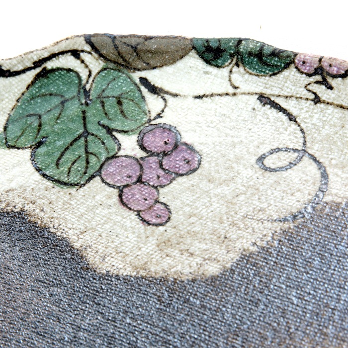 【益子焼】 縁がポコポコ変形したデザイン オーバル フラット パン皿 パンプレート サイズ中 中皿 布目ぶどう 単品1枚