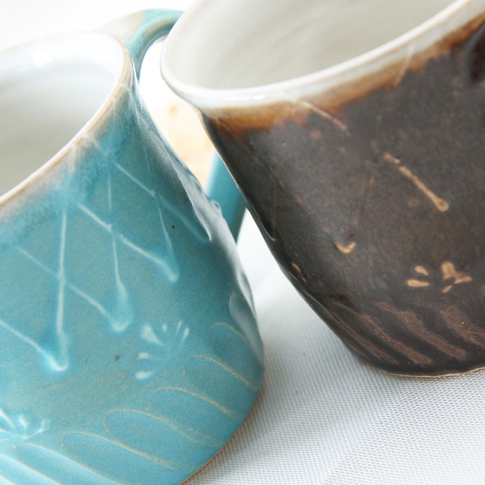 【益子焼マグカップ】しのぎ＆いっちん柄の２種釉薬のマグカップ【単品1個】