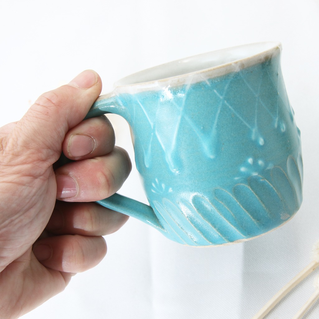 【益子焼マグカップ】しのぎ＆いっちん柄の２種釉薬のマグカップ【単品1個】