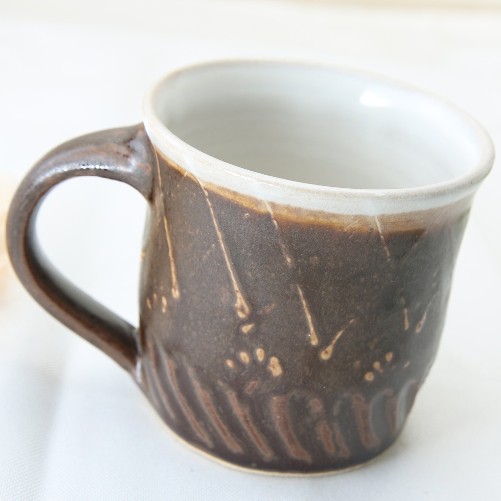 【益子焼マグカップ】しのぎ＆いっちん柄の２種釉薬のマグカップ【単品1個】