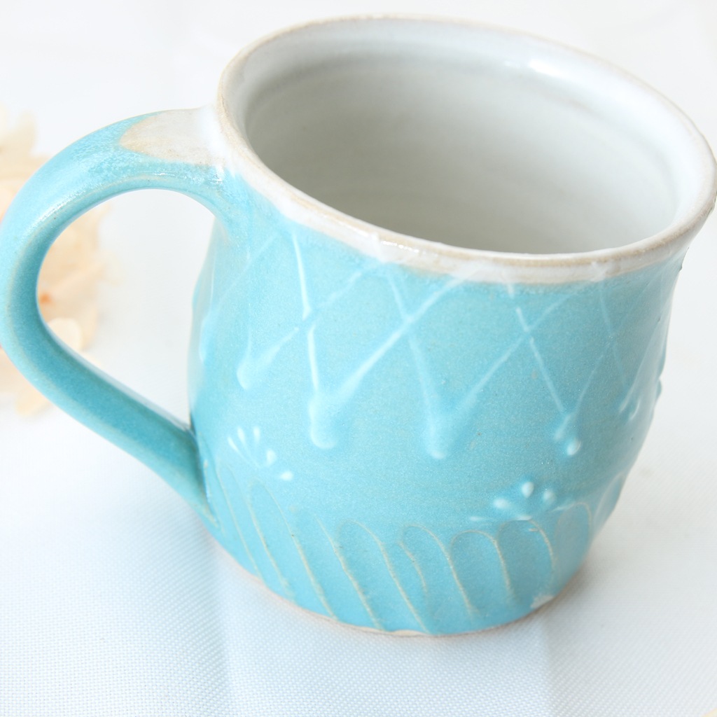 【益子焼マグカップ】しのぎ＆いっちん柄の２種釉薬のマグカップ【単品1個】