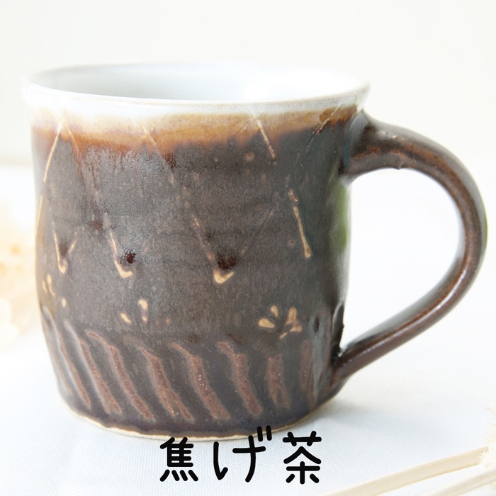 【益子焼マグカップ】しのぎ＆いっちん柄の２種釉薬のマグカップ【単品1個】