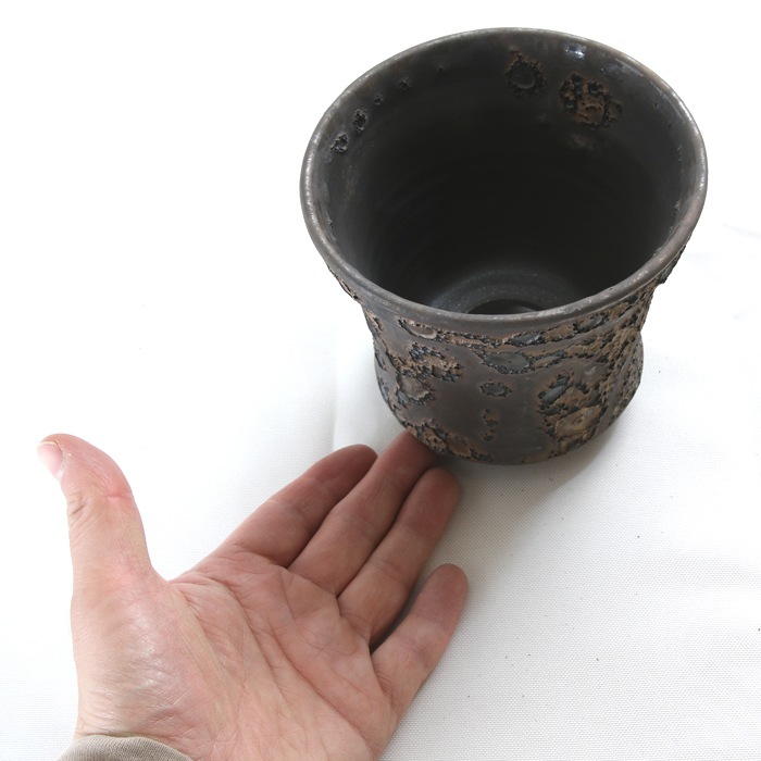 【益子焼】 4.1号鉢 植木鉢 陶器鉢 塊根植物 アガベ サボテン 【銀河鉢クレーター・Black＆Gold】 高さ約11cm 作家 陶芸家 横山雄一作