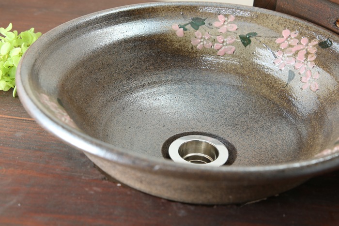 【益子焼】手洗いで癒やされる 陶器 おしゃれ 手洗い洗面ボウル 手洗い鉢 手洗いボウル 手洗い器【さくら・丸形デザイン・排水部分の洗面金具付き・単品１個】※1点もの※ギフト包装不可