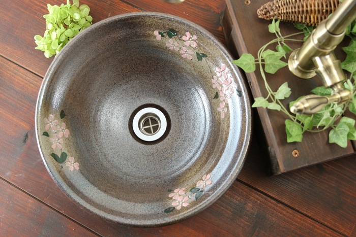 【益子焼】手洗いで癒やされる 陶器 おしゃれ 手洗い洗面ボウル 手洗い鉢 手洗いボウル 手洗い器【さくら・丸形デザイン・排水部分の洗面金具付き・単品１個】※1点もの※ギフト包装不可