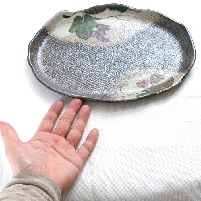 【益子焼】たたら作りの変形パンプレート【サイズ大】【布目ぶどう・単品１枚】