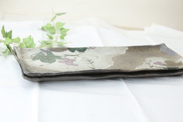 【益子焼】ロング角プレート【布目ぶどう・単品1枚】