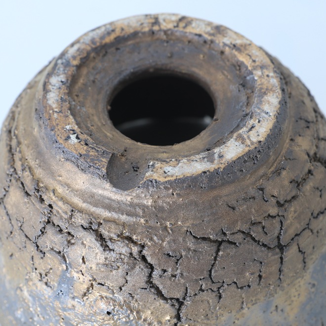 【益子焼】 4.5号鉢 高さ約8cm 前面に大きな割れ穴あり 植木鉢 陶器鉢 塊根植物 アガベ サボテン コーデックス 【炸裂紋鉢 大地の鼓動】 作家 陶芸家 横山雄一作 一点物