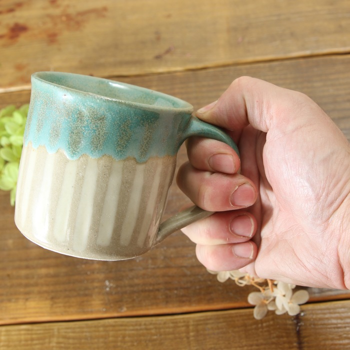 【益子焼】釉シリーズ　レトログリーンの象嵌マグカップNEW【単品1個】
