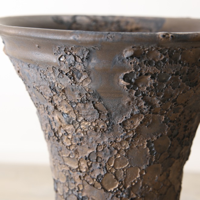 【益子焼】5.3号鉢 植木鉢 陶器鉢 オペルクリカリアパプキス 灌木系塊根植物 アガベ 【NEW銀河鉢クレーター・Black＆Gold】 高さ約17.5cm 作家 陶芸家 横山雄一作　一点物