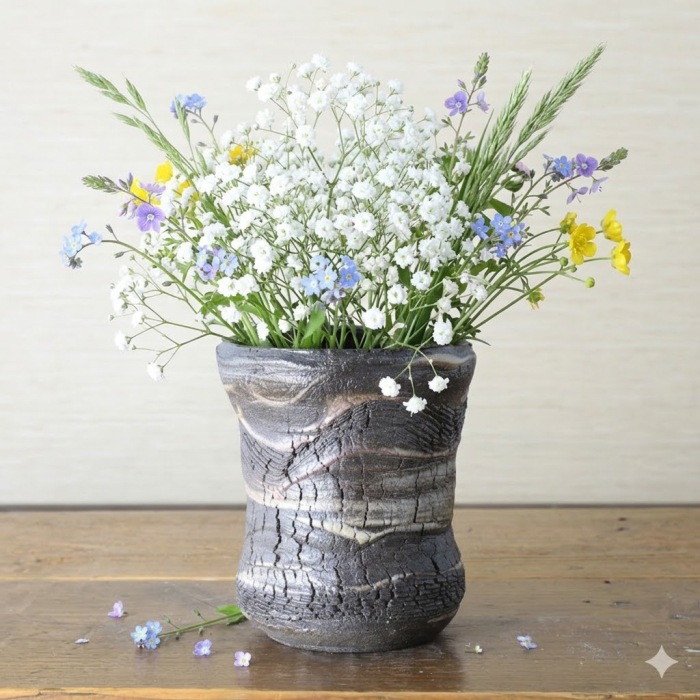 【益子焼】 亀裂文様花器 炭化焼 くし目 泥塗り 高さ約13cm 【単品１個】 