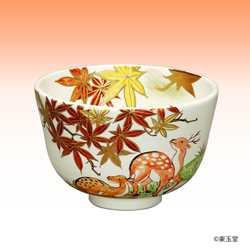 茶碗　白釉　鹿に紅葉