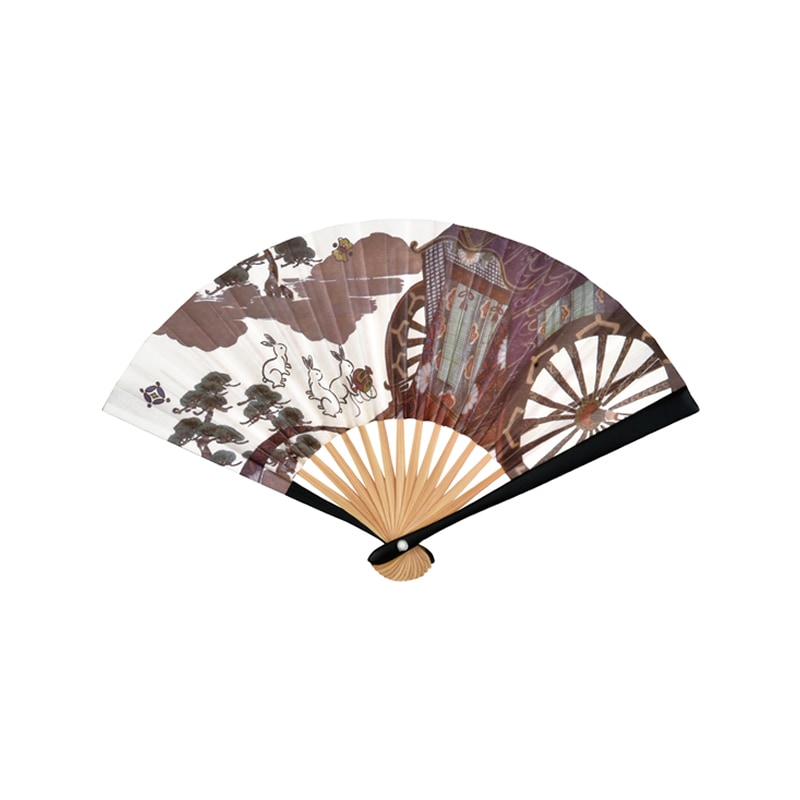 干支扇子　5寸　黒塗　御所車に三つ兎　裏面：千家十職 (メール便対応商品）