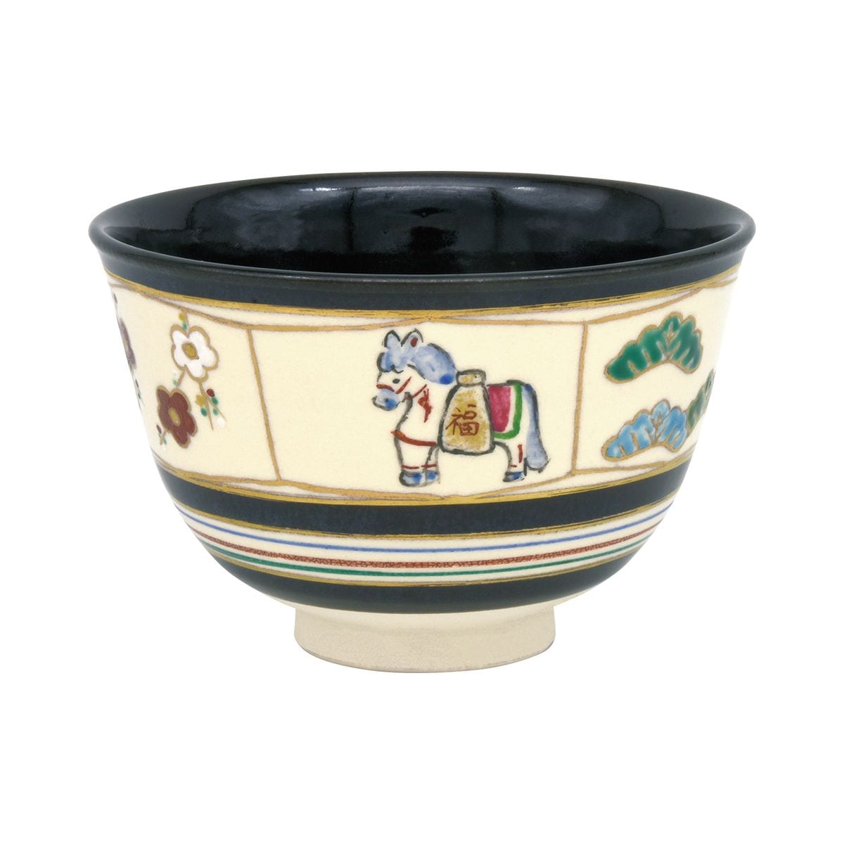 【令和8年　午年　干支茶碗】黒仁清　独楽筋　松竹梅に馬　燦光窯（桐箱）