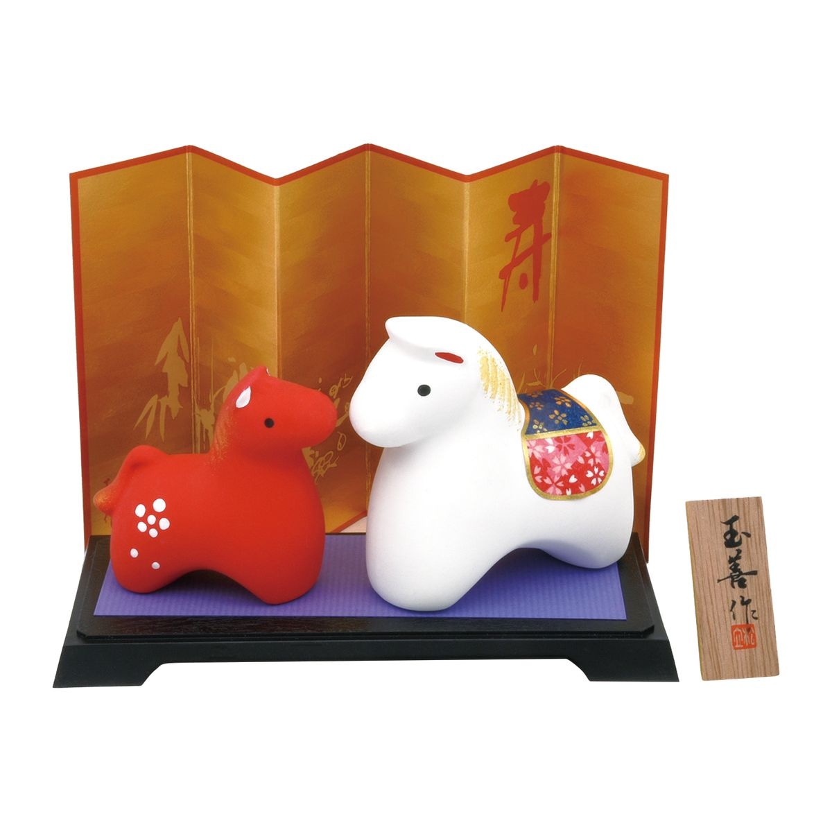 令和8年　2026年　午年　置物　午　紅白飾り玉善　（紙箱）台座サイズ：6.5ｘ15cm