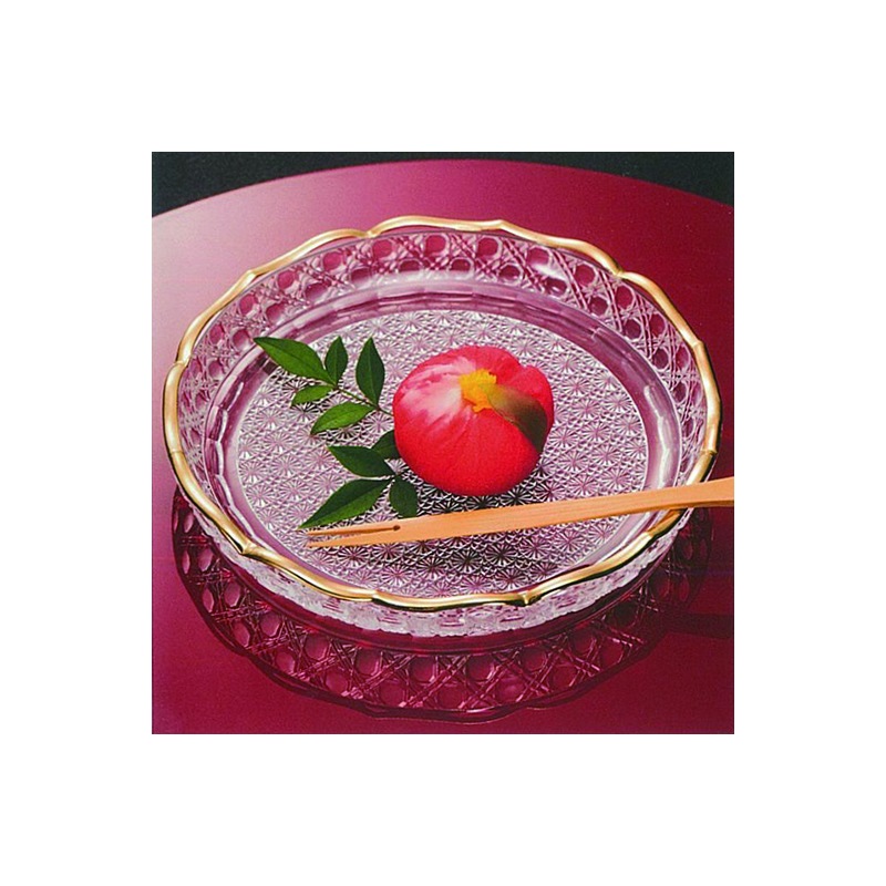 ガラス　茶道具　義山　吉祥小皿　金縁　（Φ16xH2.5cm）（紙箱）