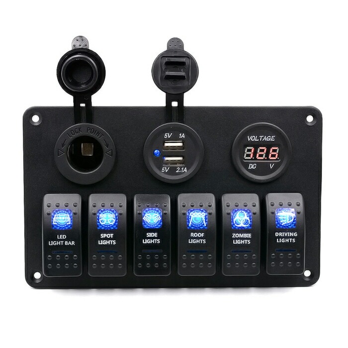 スイッチパネル コントロールパネル シガーライターソケット 汎用 防水 USB電源 2ポート ロッカーパネル DC 12V/24V マリン ボート 漁船 自動車に対応 ON-OFFスイッチ