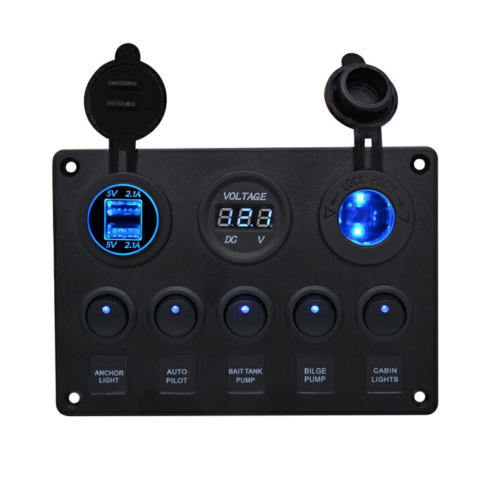 スイッチパネル コントロールパネル シガーライターソケット 汎用 防水 USB電源 2ポート ロッカーパネル DC 12Vマリン ボート 漁船 自動車に対応 ON-OFFスイッチ