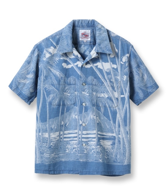 Lot No. DK39452 / DUKE KAHANAMOKU INDIGO COTTON HAWAIIAN SHIRT COCONUT PALM & DIAMONDHEAD