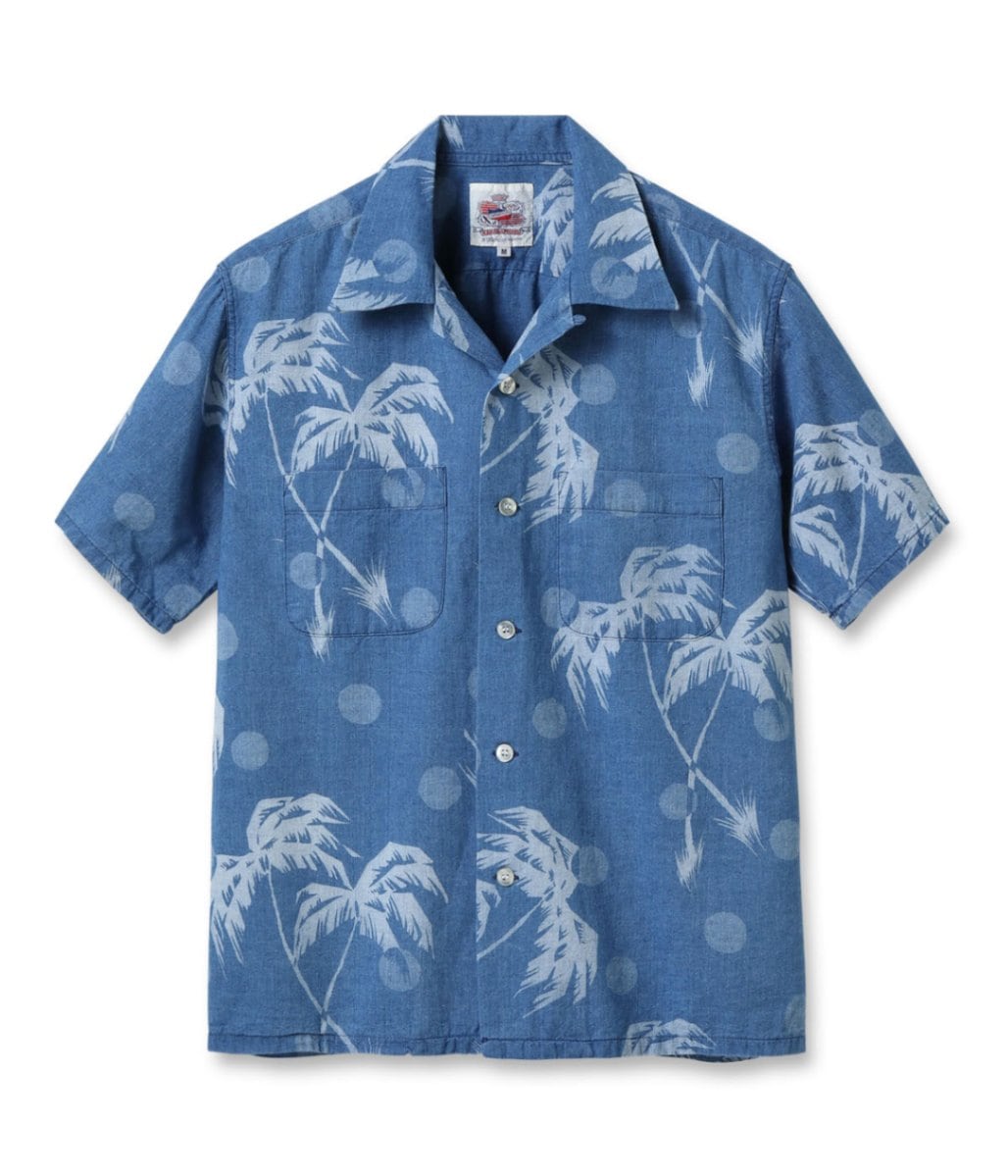 Lot No. DK39242 / DUKE KAHANAMOKU INDIGO COTTON HAWAIIAN SHIRT MOONLIGHT PALMTREE