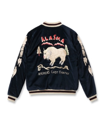 Lot No. TT15544-128 / Late 1950s Style Velveteen Souvenir Jacket MOUNTAIN GOAT  ALASKAN FLAG