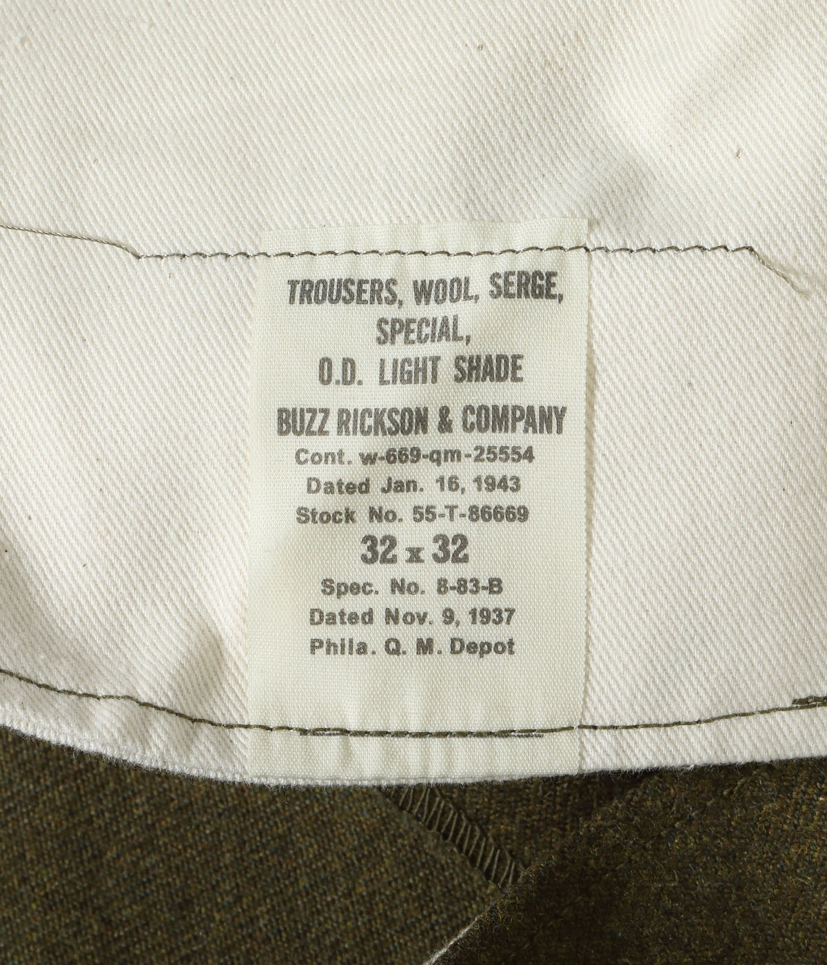 Lot No. BR42465 / TROUSERS, WOOL, SERGE, SPECIAL O.D. LIGHT SHADE BUZZ RICKSON & COMPANY