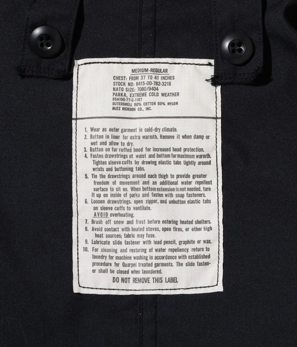 Lot No. BR15192 / WILLIAM GIBSON COLLECTION Type BLACK HOOD, EXTREME COLD WEATHER M-65 (NO HOOD)