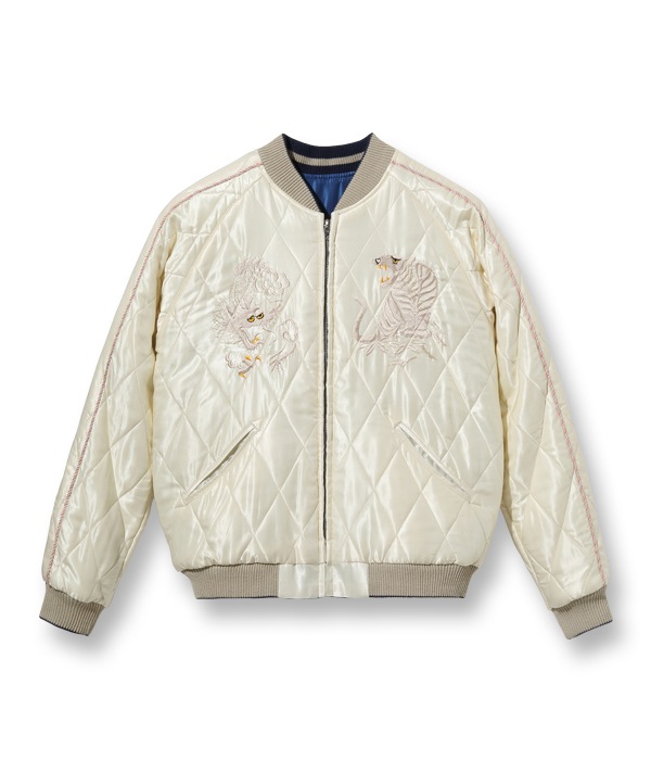 Lot No. TT15391-125 / Early 1950s Style Acetate Quilted Souvenir Jacket DUELLING DRAGONS  WHITE TIGER
