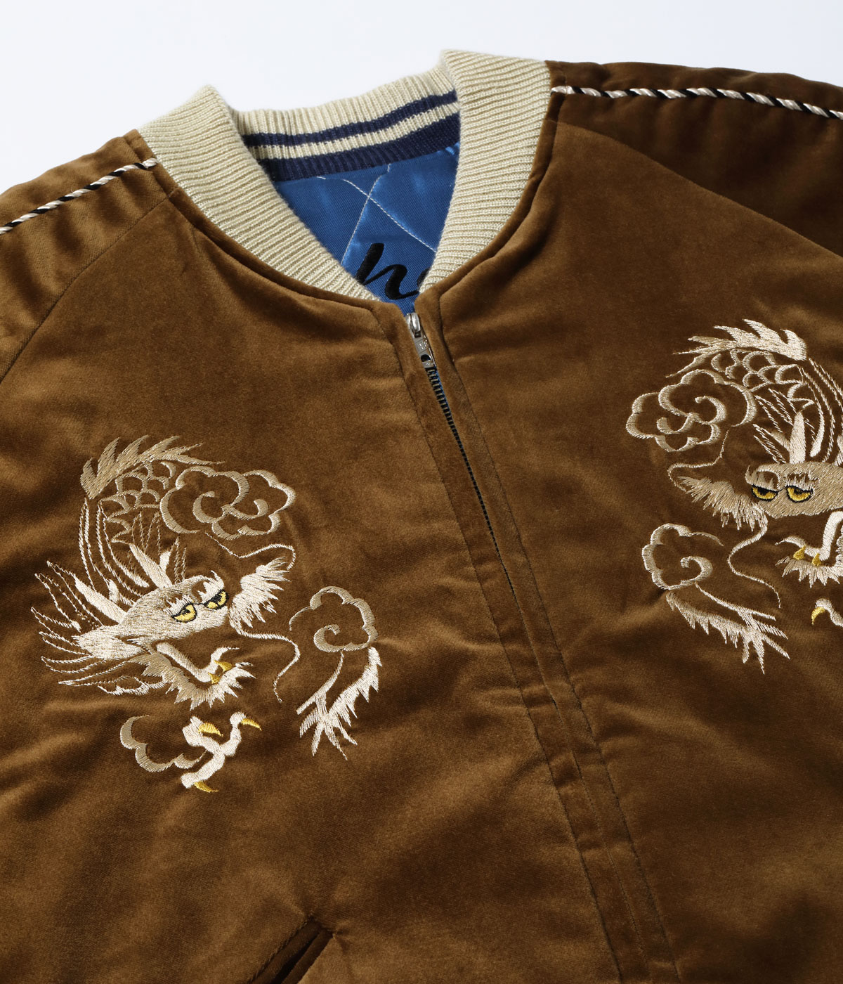 Lot No. TT15792-138 / Mid 1950s Style Velveteen Souvenir Jacket WHITE DRAGON  BLACK EAGLE