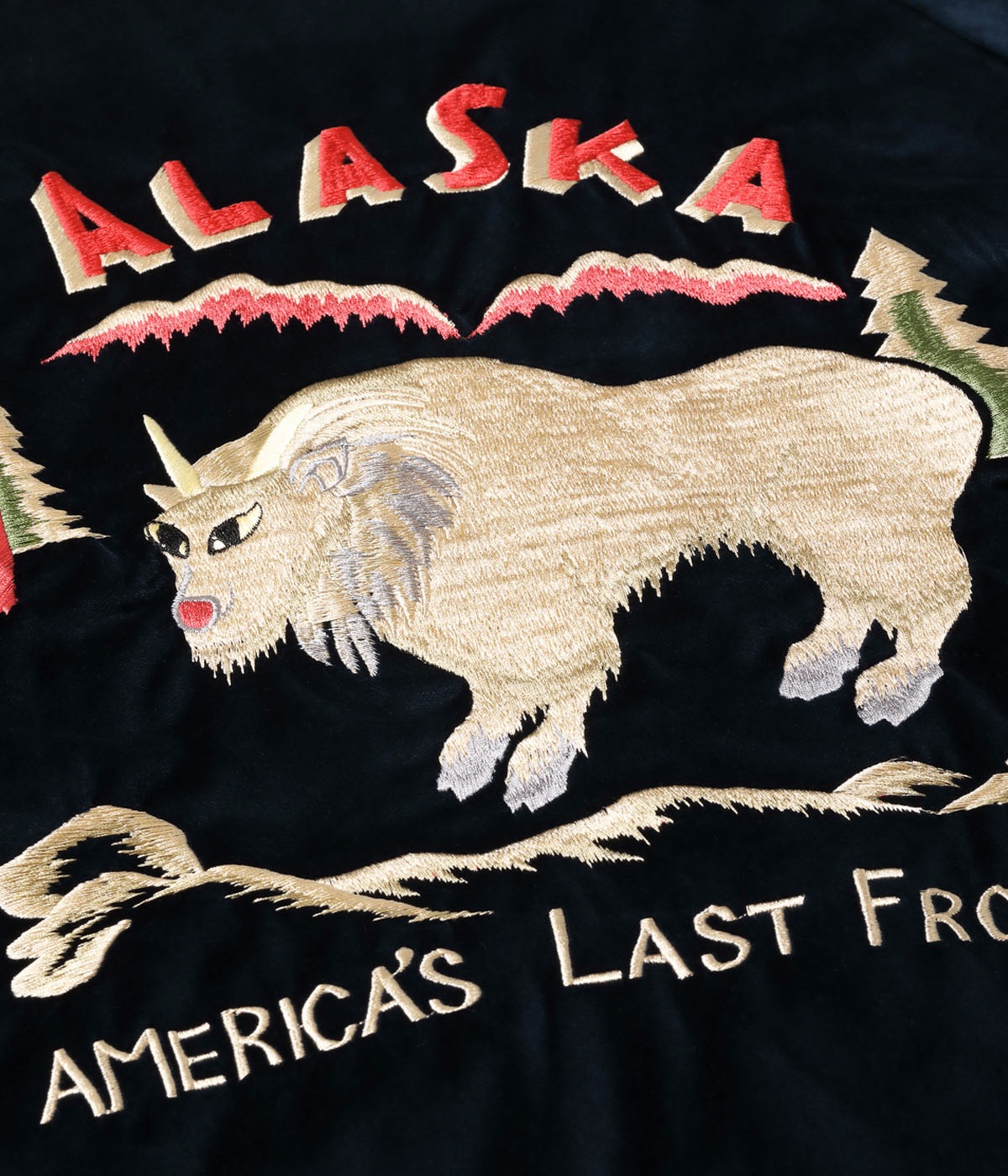 Lot No. TT15544-128 / Late 1950s Style Velveteen Souvenir Jacket MOUNTAIN GOAT  ALASKAN FLAG