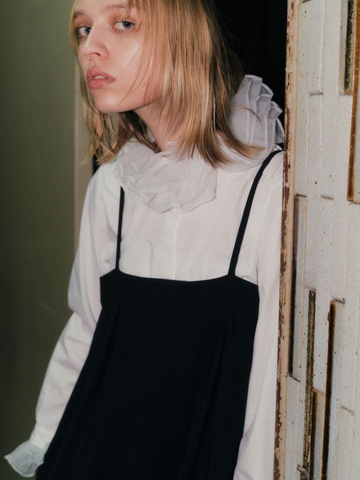 トレフルプラスワン　チュールニット　ブラウン フラワーレース装飾チュールスリーブ切替オフショルシャリニット