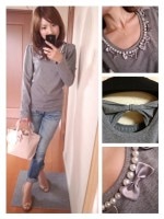 バックりぼんパール＆りぼんカットソー(グレー)|カットソー