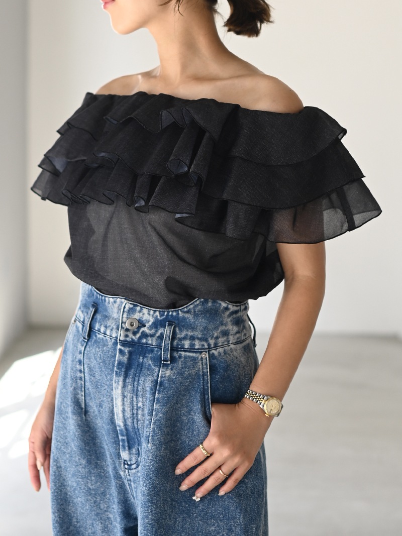 【美品】TREFLE+1 トレフルプラスワン　オーガンジートップス　半袖 デニムオーガンジートップス | Tops,トップス | | TREFLE＋1（トレフル