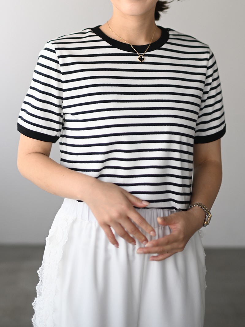 【新品】トレフルプラスワン　ミックスボーダーT ブラック ラメボーダーカットソー～半袖 | Tops,Tシャツ | | TREFLE＋1