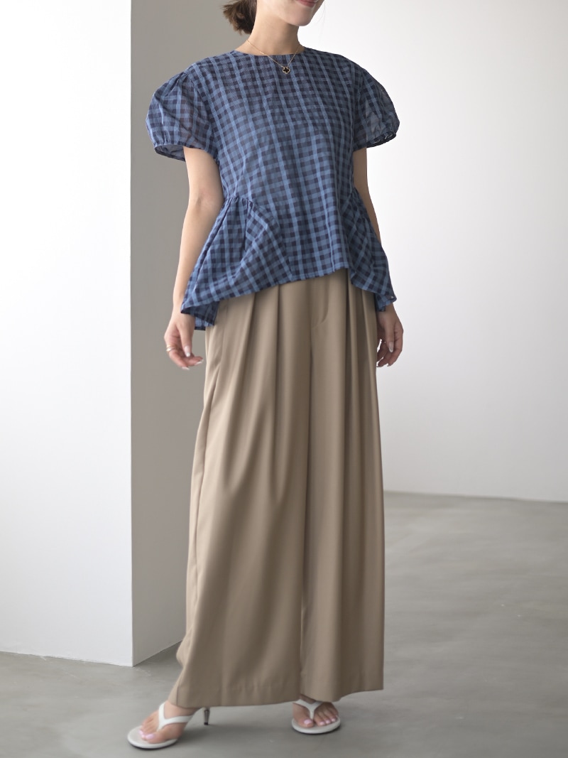 trefle+1 チェック　ペプラム　トップス　ブラウン　シアーチェックペプラム シアーチェックペプラムトップス | Tops,ブラウス | | TREFLE＋1