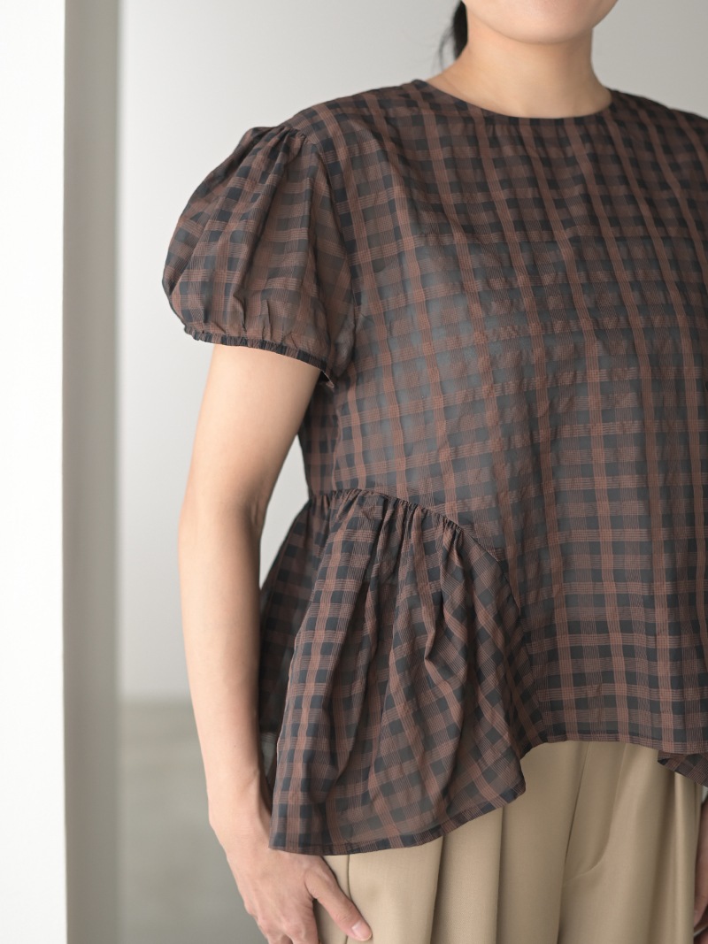 trefle+1 チェック　ペプラム　トップス　ブラウン　シアーチェックペプラム シアーチェックペプラムトップス | Tops,ブラウス | | TREFLE＋1