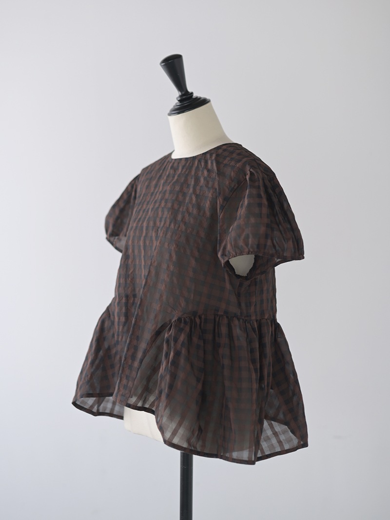 trefle+1 チェック　ペプラム　トップス　ブラウン　シアーチェックペプラム シアーチェックペプラムトップス | Tops,ブラウス | | TREFLE＋1
