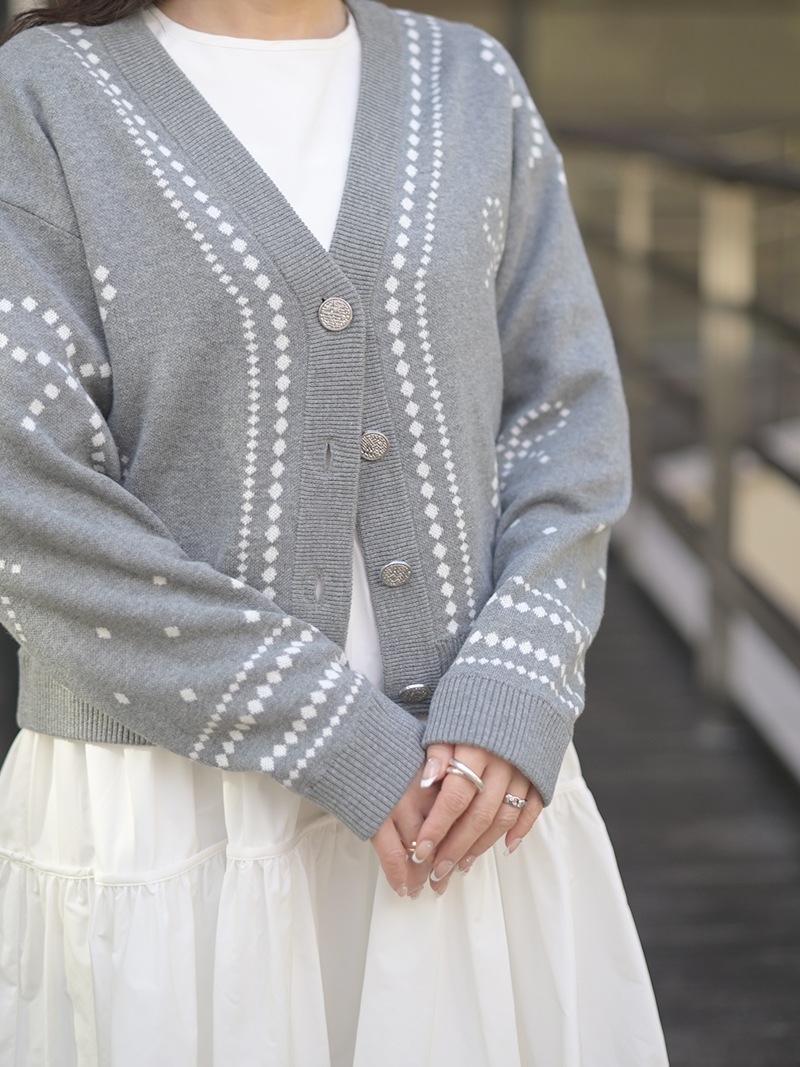 トレフルプラスワン trefle+1 リボンジャガードカーディガン グレー