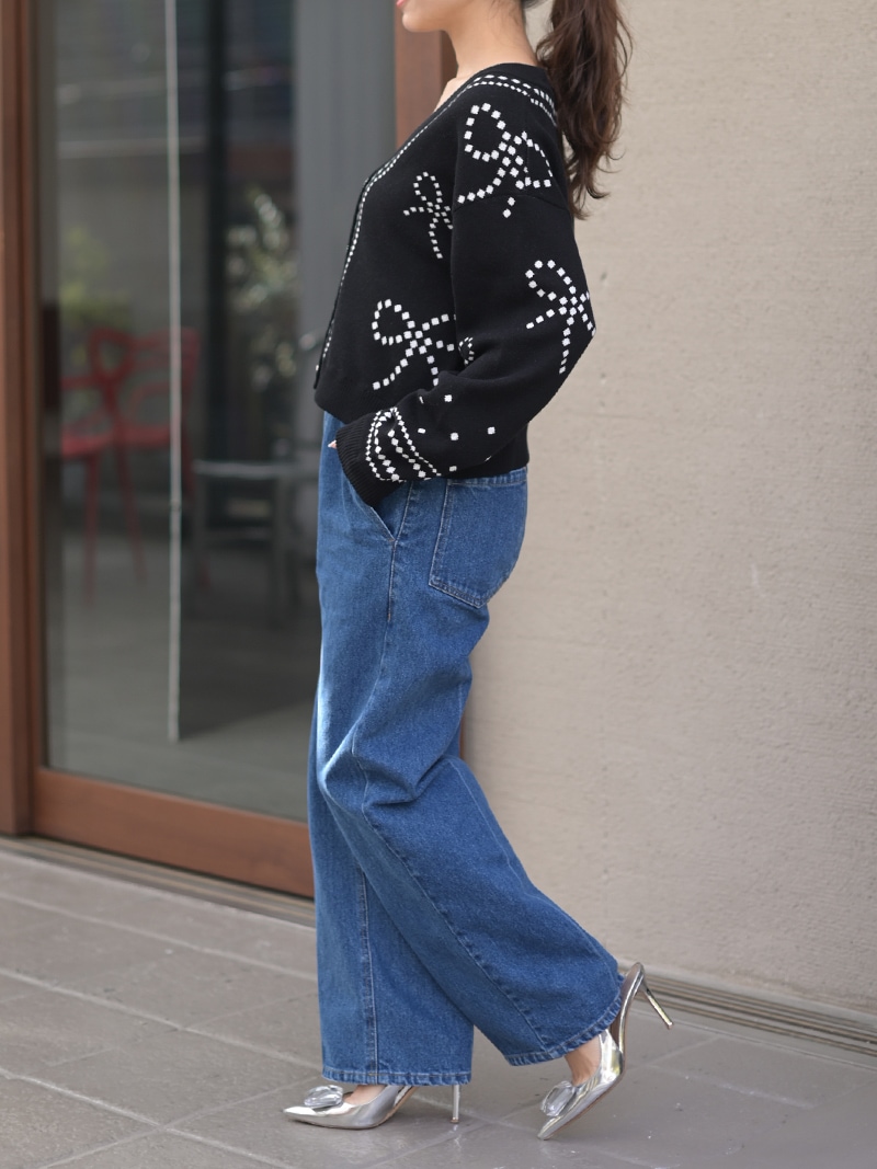 トレフルプラスワン trefle+1 リボンジャガードカーディガン　グレー　新品 リボンジャガードカーディガン | Cardigan,長袖 | | TREFLE＋1