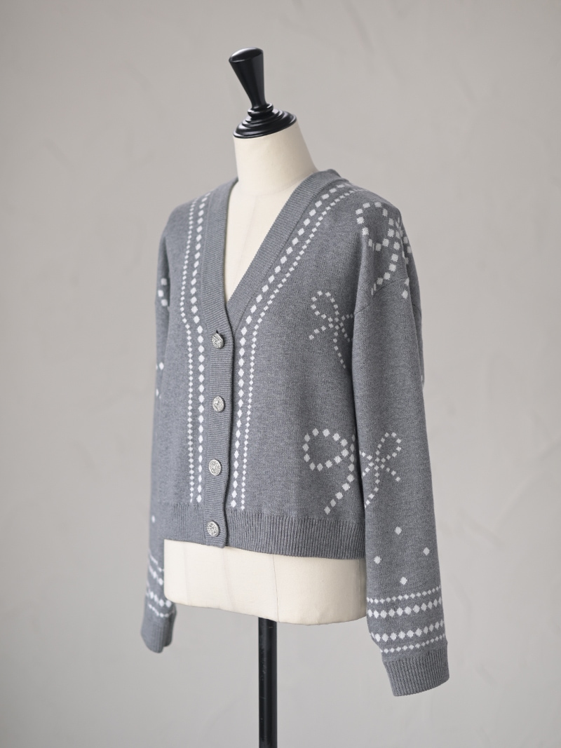 トレフルプラスワン trefle+1 リボンジャガードカーディガン　グレー　新品 リボンジャガードカーディガン | Cardigan,長袖 | | TREFLE＋1