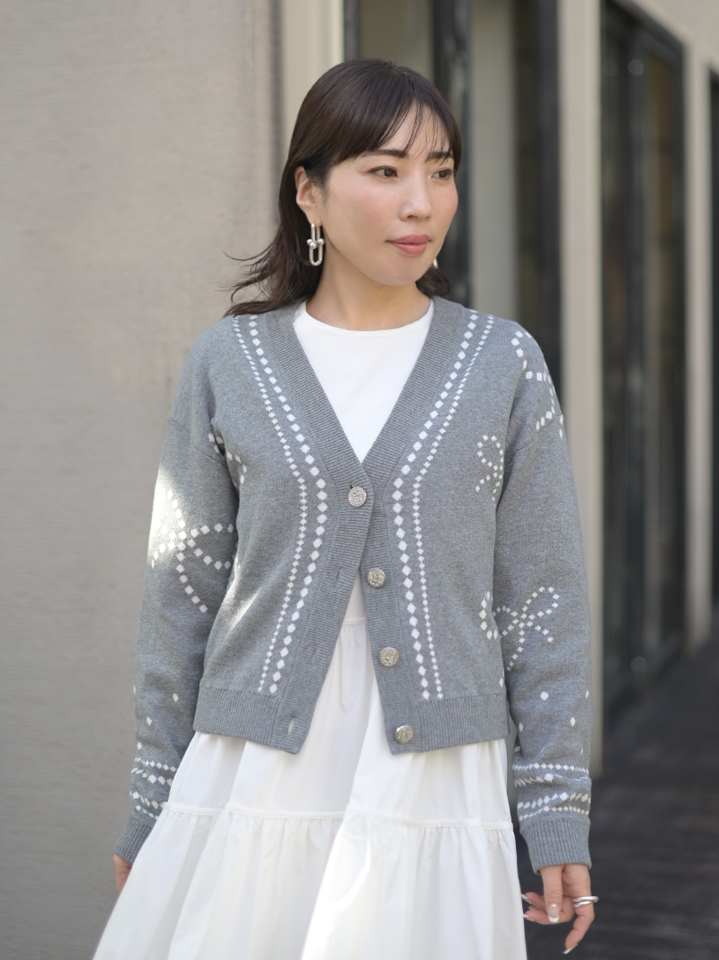 トレフルプラスワン trefle+1 リボンジャガードカーディガン　グレー　新品 リボンジャガードカーディガン | Cardigan,長袖 | | TREFLE＋1