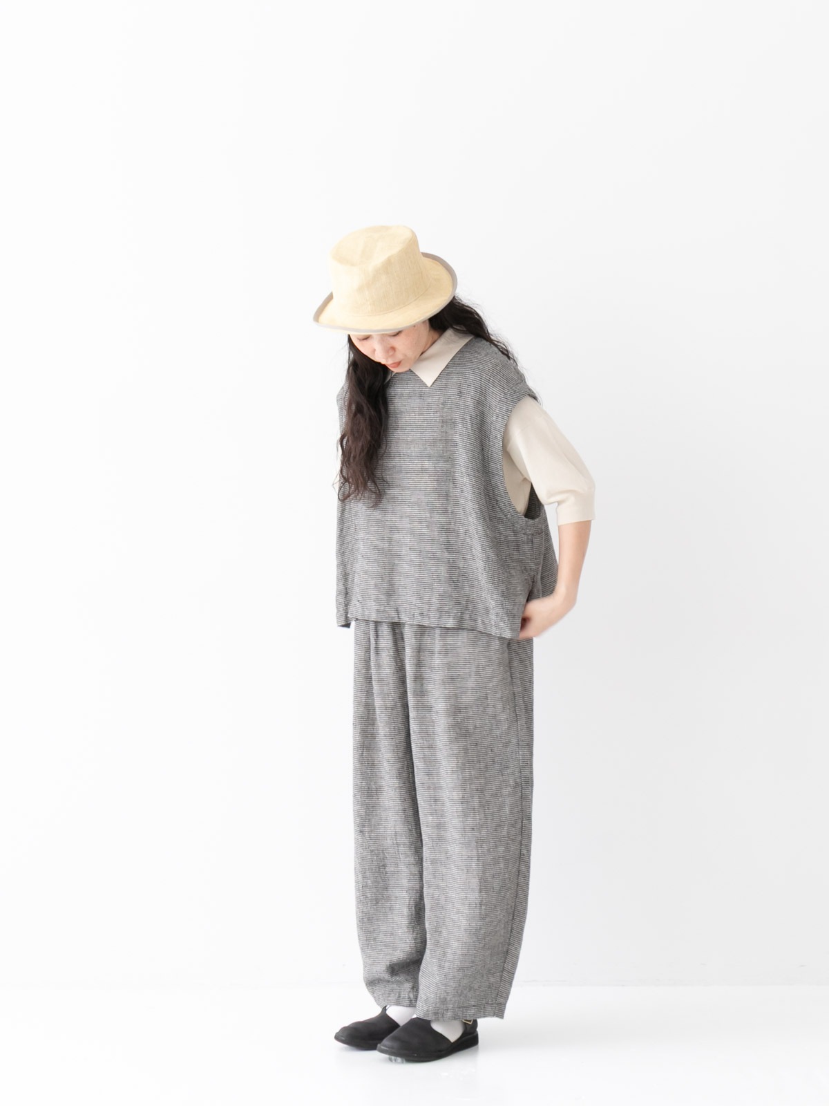 リネンシルクハウンドトゥース ワンタックバギーパンツ P71600 prit