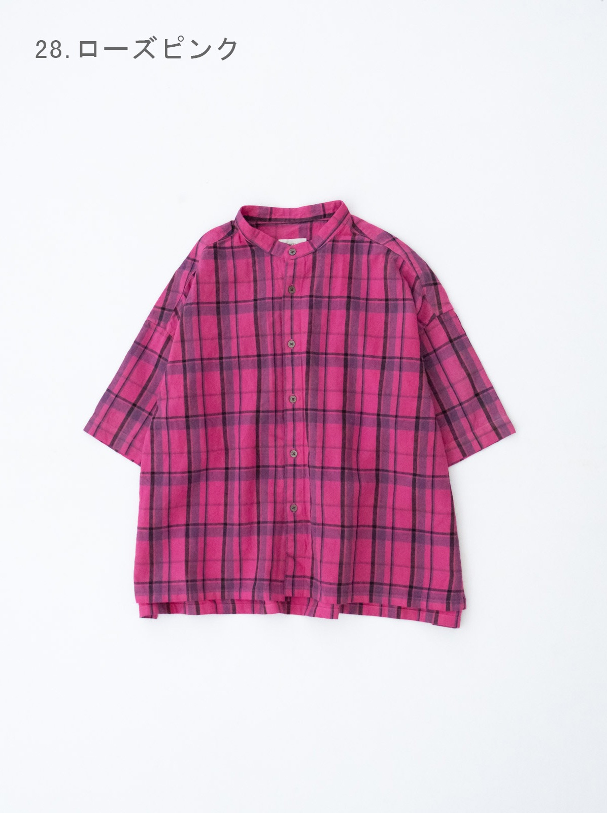 pippy様 16/1リネンコットンチェック 5分袖スタンドカラービッグシャツ P81607