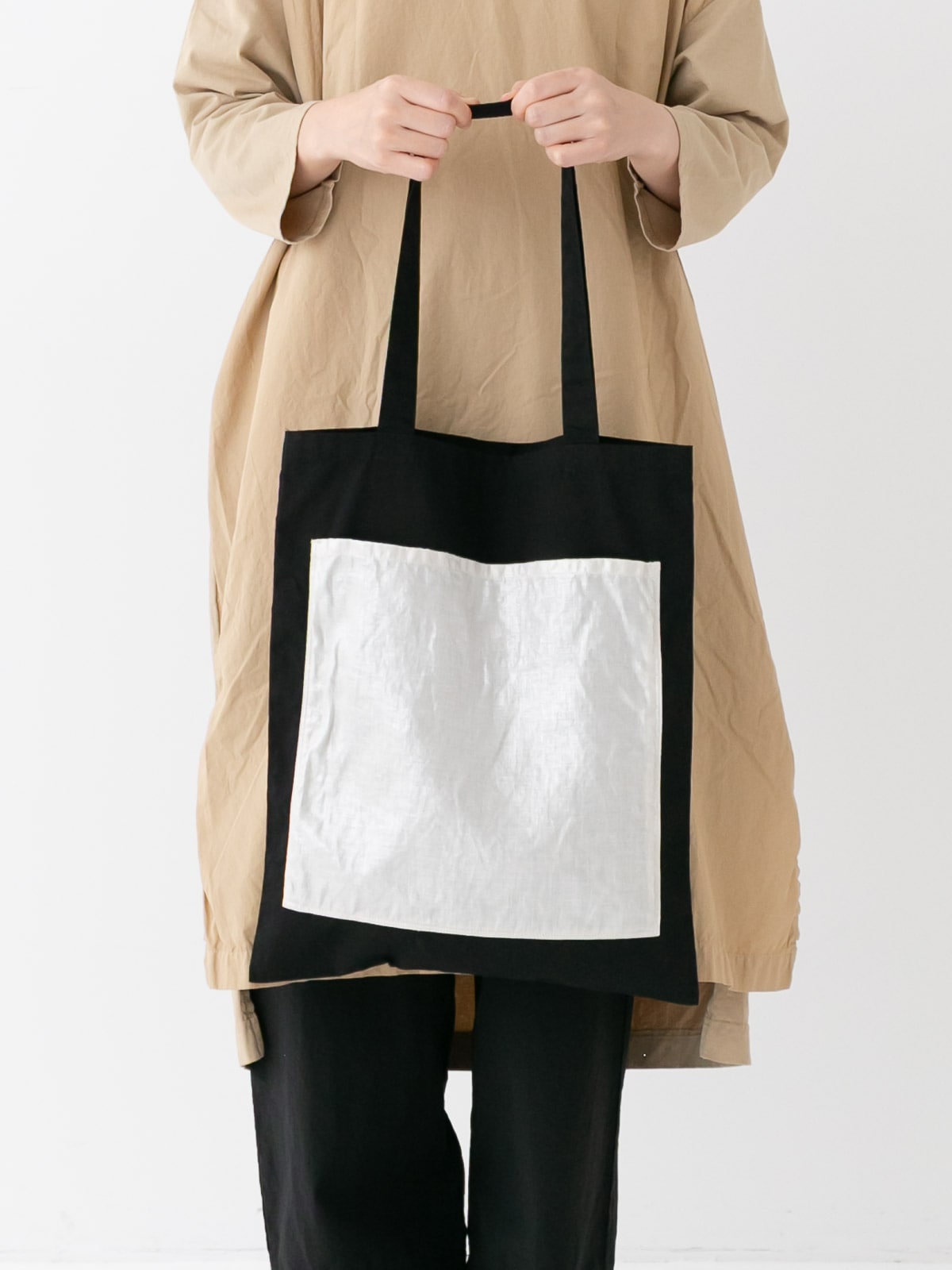 オックス×40/1リネン箔プリント ビッグポケットトート P01601 prit