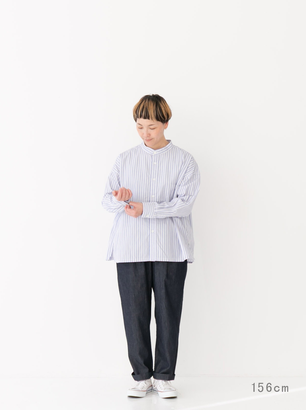 高密度ポプリンパジャマストライプ スタンドカラービッグシャツ P81641