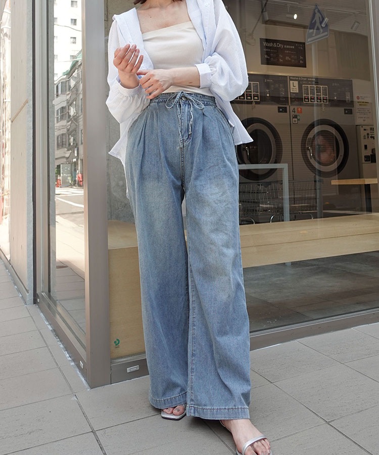 柔らかワイドデニム 大きいサイズ ［接触冷感］とろみテンセル100％デニムワイド
