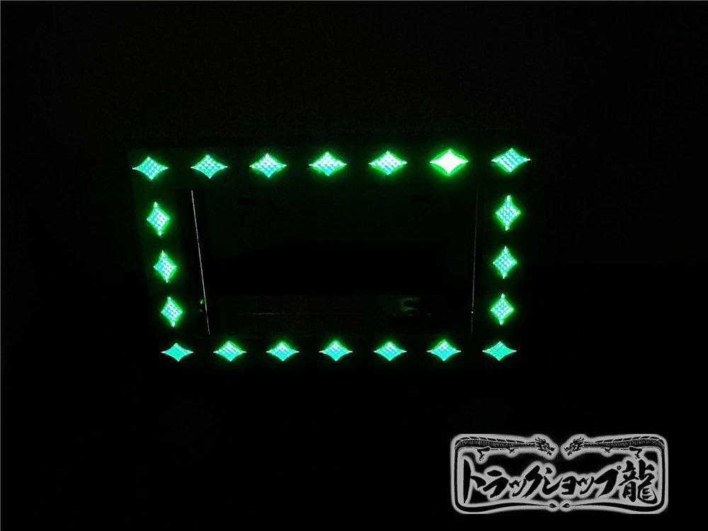 ステンレス 中型 ナンバー枠 鏡面 菱抜き 一色 グリーン/緑色 24V LED 汎用 菱型 ナンバーフレーム S0154G