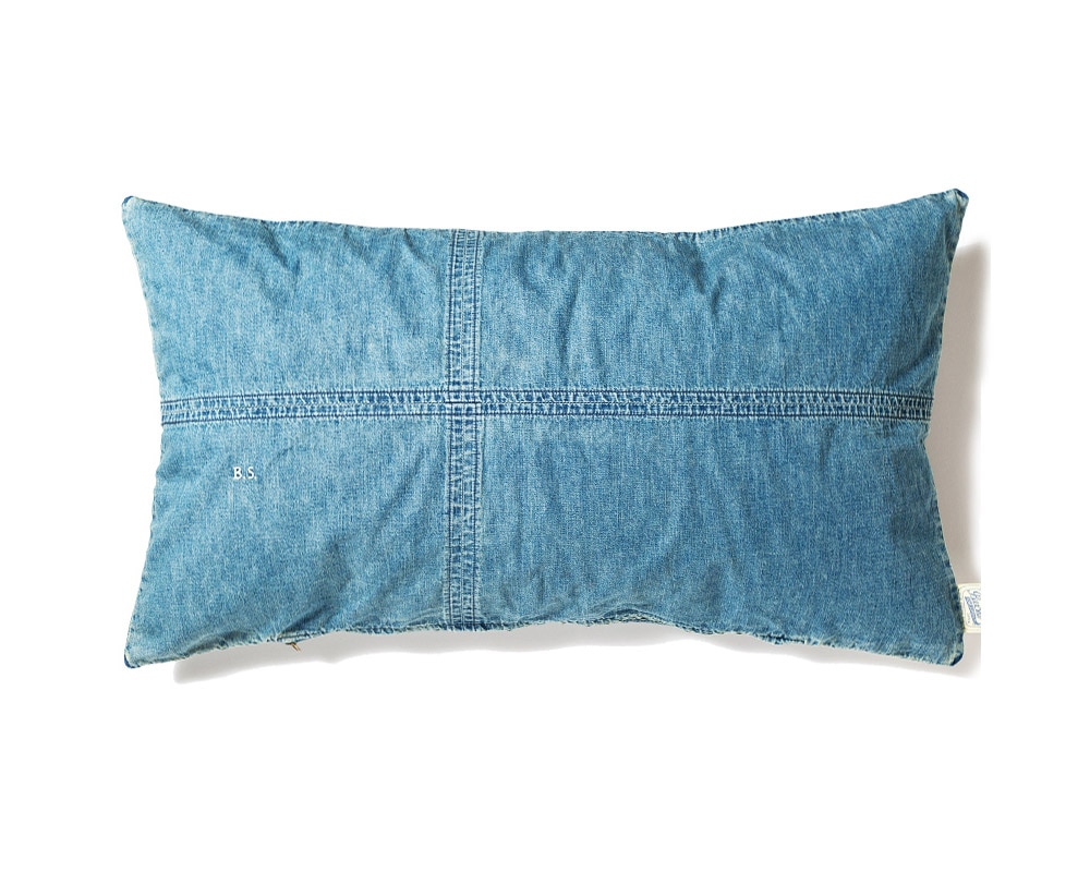 BasShu | Grandad Check Long Feather Cushion Denim ロングフェザークッション デニム